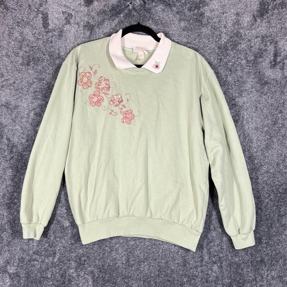 Top Stitch By Morning Sun Sweater Womens Large Green Floral Collar Pullover